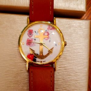 Gold accent anchor pink floral print watch stainless steel new tan adjustable